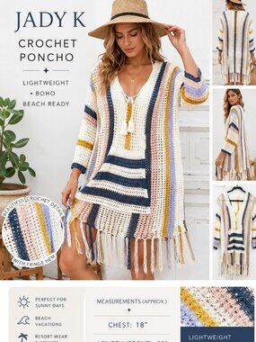 NEW Jady K Crochet Poncho Cover-Up Size S/M